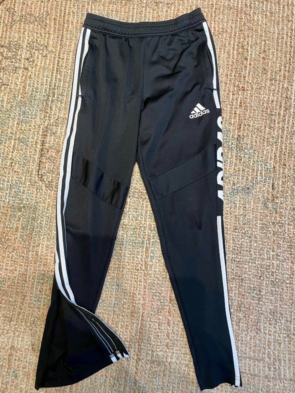 adidas Men's Tapered Soccer Training Pants Black White Large Spellout Logo Small